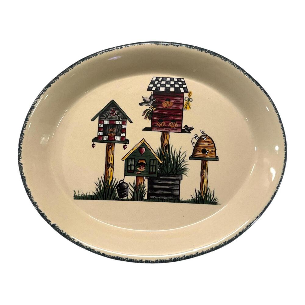 2001 Vintage Home & Garden Party Birdhouse Oval 12.75” Stoneware Platter Dish